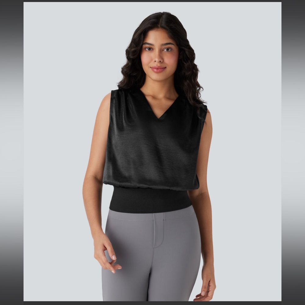 Halara V Neck Sleeveless Satin-Like Work Top